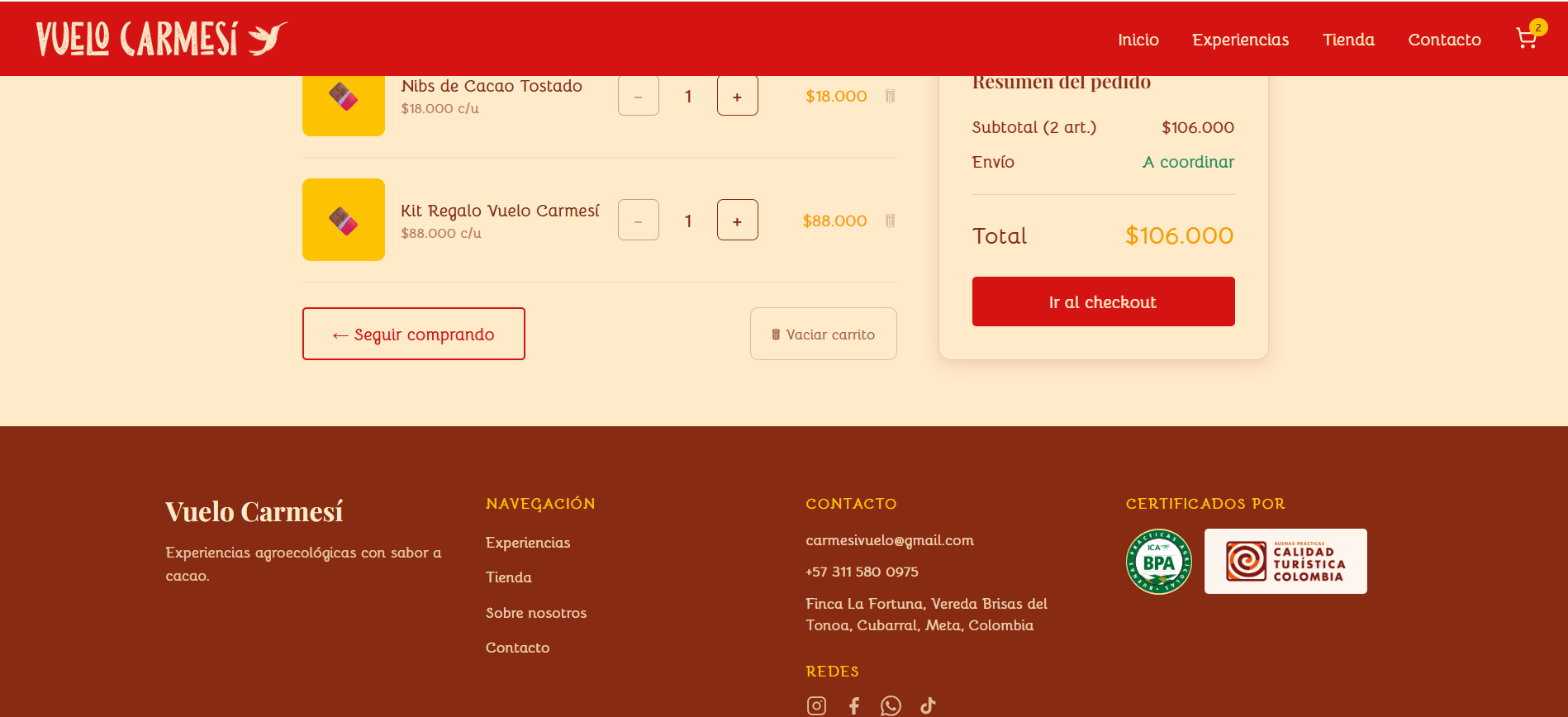 Carrito de compras de la tienda virtual de Vuelo Carmesí, con el resumen del pedido y el botón de checkout