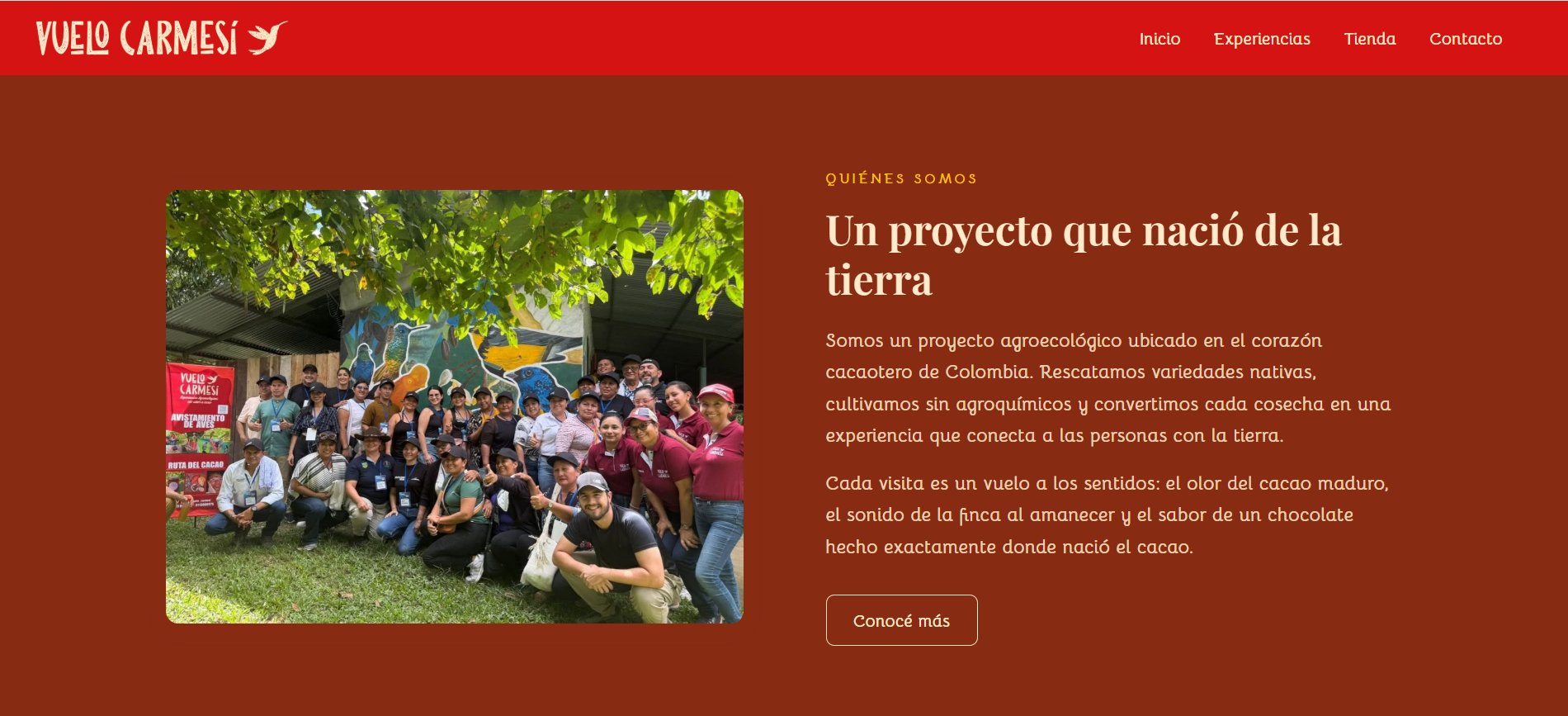 Vuelo Carmesí — Plataforma de reservas y tienda online para una finca de agroturismo de cacao